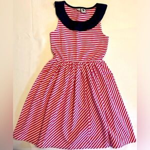 Busy Bees Kids Hot Pink and White Knit Dress with Navy Ruffle Collar